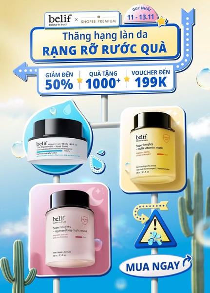 A promotional ad featuring three skin care products displayed on elevated stands with clear pricing and discount incentives for a seasonal sale.
